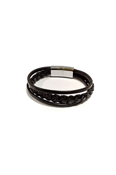 Herşey Nota Black Leather Unisex Bracelet with Knitted and Rope Detail – Mini...