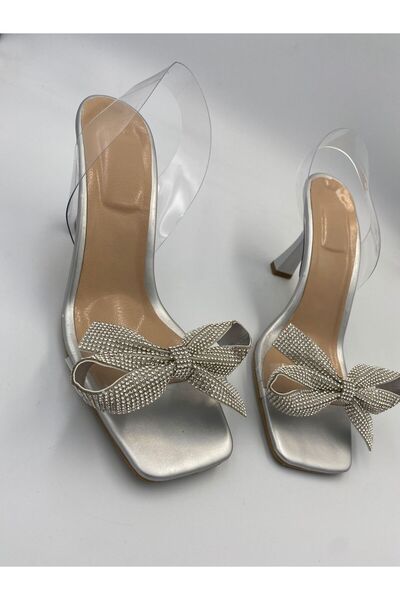 Aslının Butiği 9 cm Thin Heeled Shoes with Transparent Stone Bow Detail