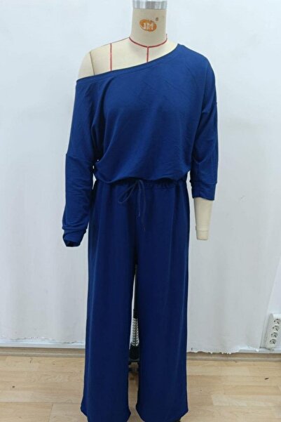 Mossta Omzu Open Viscose Two Thread Blouse Pants Two Piece Set - Navy Blue