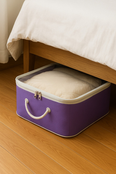 HİG HOME Mor Şeffaf Kapaklı Hurç – 28x32x15 cm Orta Boy Dolap İçi Kıyafet ve Havlu Düzenleyici