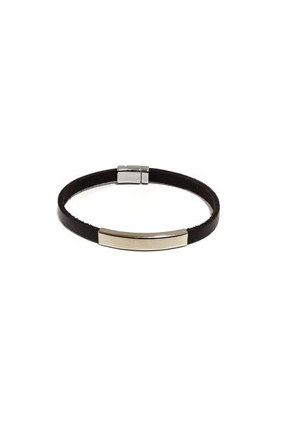 Herşey Nota Black Leather Unisex Bracelet with Metal Plate Detail – Minimal a...