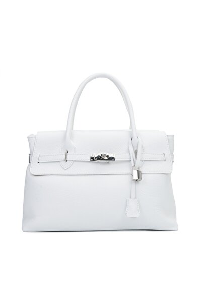 Posete Fagaras Lelia Leather Purse - White, 3 Compartments, 3 Pockets, Adjustable Strap max. 115 cm