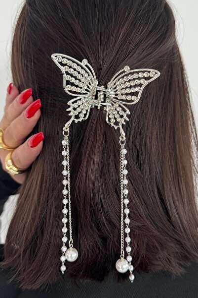 TAKIŞTIR Silver Color Butterfly Figured Pearl Detailed Dangling Metal Clasp