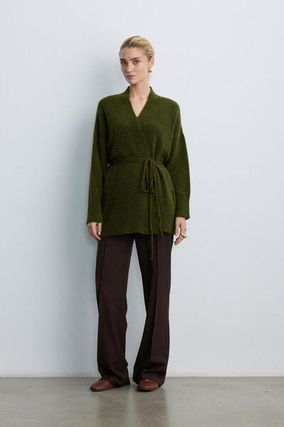 BE BLUE Oil Green Thin Belted Kimono Cardigan