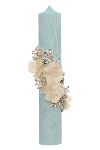 Recostore Lumanare marmorata pentru botez, bleu cu detalii florale, 35x6 cm, ...