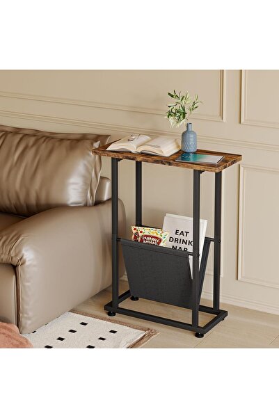 Gogoya C-Shaped Side Table End Table for Sofa & Bedroom (Narrow Rustic Brown)