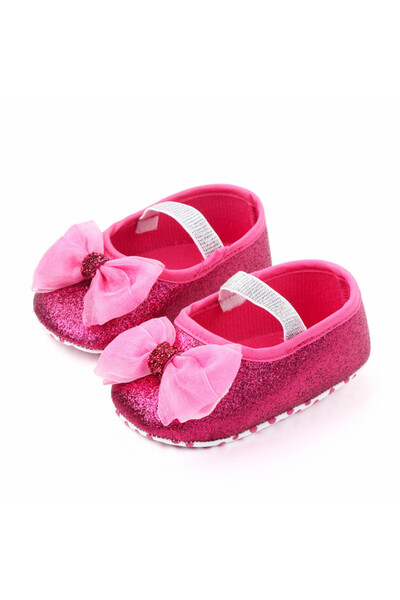 BebeNou Pantofi pentru bebeluși cu sclipici roz ciclamen și fundă - Mărimea 20