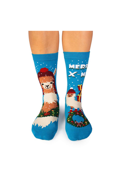 Pirin Hill Arty Socks Cotton Christmas Socks with Turquoise Lama