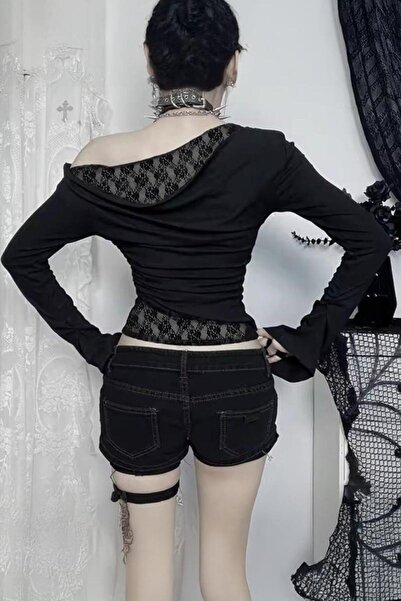 Karakedi Siyah Dantelli Gotik Omuz Dekolteli Y2K Uzun Kollu Crop