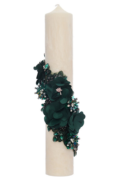 Recostore Lumanare marmorata pentru botez, ivoire cu detalii florale verde, 3...