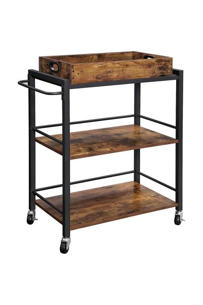 VASAGLE Cărucior de servire bucătărie pe roți, 3 rafturi, tavă detașabilă, 40...