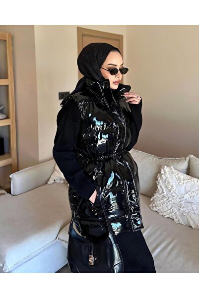 Hb Harma Time Butik Дамско черно лъскаво пухено яке с цип и джобове