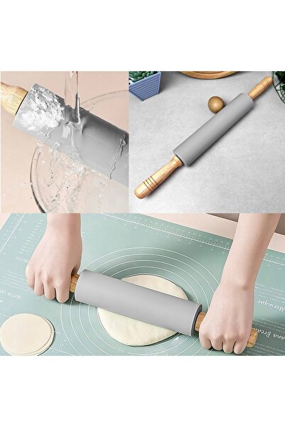 PUFO rolling pin for kitchen or pastry, made of stainless steel, wood and silicone, 48 cm