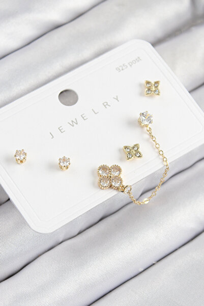 Skygo Pirinç Zirkon Taşlı Yonca Model Gold Renk 925 Ayar Gümüş Çivi Kadın Küp...