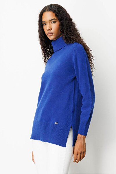 Desen Triko Жіночий светр з рибальським коміром і розрізом збоку, вовняний, K.Saks, синій