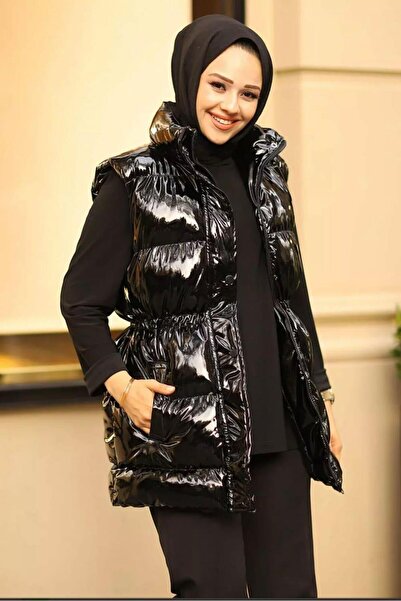 Hb Harma Time Butik Дамско черно лъскаво пухено яке с копчета и джобове