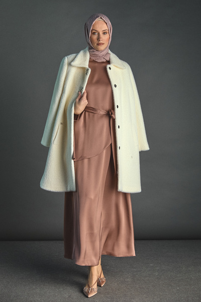 Setrms Angora Suni Kürk Klasik Kesim Broş Detaylı Kaban