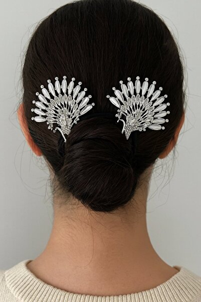 TAKIŞTIR Silver Color Peacock Figured Stone Detailed Bun Hairpin