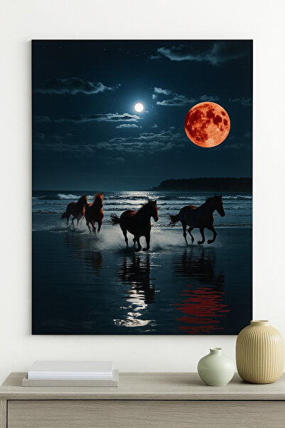 BLT DİZAYN Free Horses under the Red Moon Glass Painting