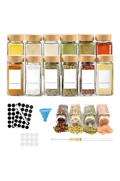 MACVI ® 12-Piece Spice Organizer Set – Glass Jars with Bamboo Lids, Funnel, Brush & Labels