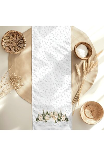 Lenjerii Deosebite Christmas table mat 100% cotton 40x200cm with trees and houses, Snowy