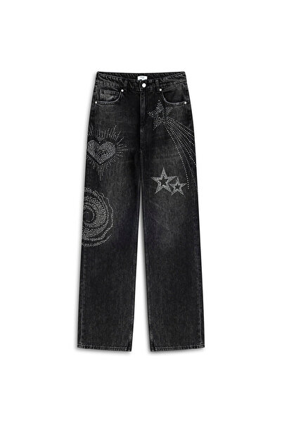 Twist Hotfix Printed Wide Leg Jean Pants