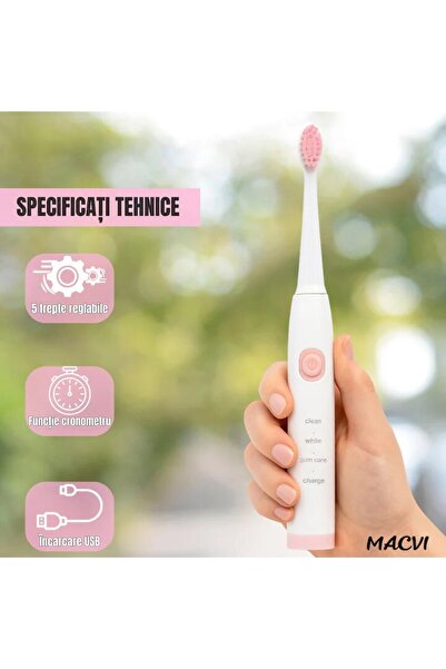 MACVI ® V-801 Electric Toothbrush, 5 speeds, 3 modes, memory, 36h battery, IPX7, White/Pink