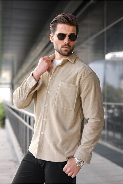 Madmext Ανδρικό πουκάμισο με βελούδο με κουμπιά μπεζ E6766