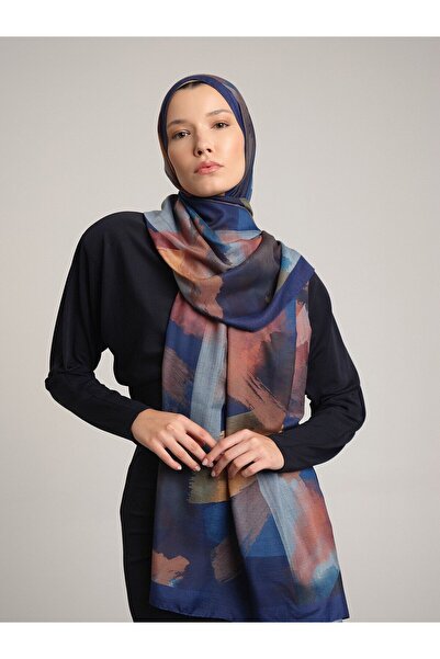 Ayshara Brush Patterned Single-Sided Shawl - Navy Blue