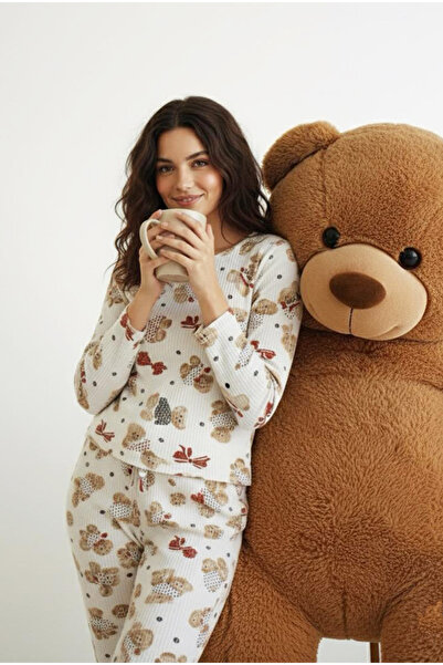 Siyah İnci beyaz ayıcık desenli Yumuşak Tuşe Kışlık Fitilli Pamuklu Örme Pijama Takım 7956