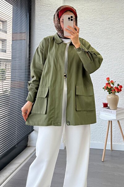 MELEK ARAZ Cep Detaylı Gabardin Kısa Trençkot – Haki
