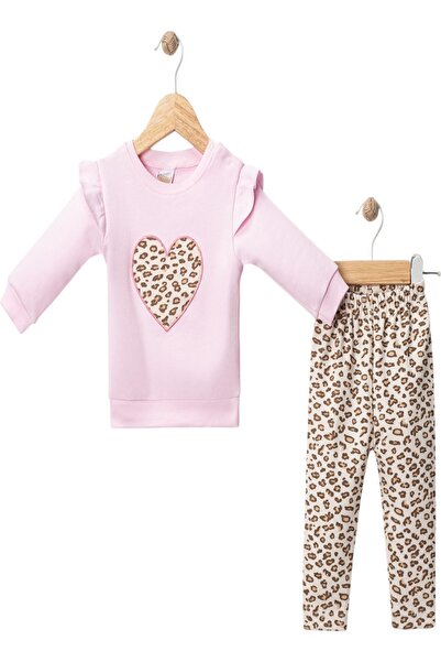 dinamik çocuk Baby Girl Leopard Patterned Heart Embroidered 2-Piece Set (Sweatshirt + Leggings) 3-6-9-12Months
