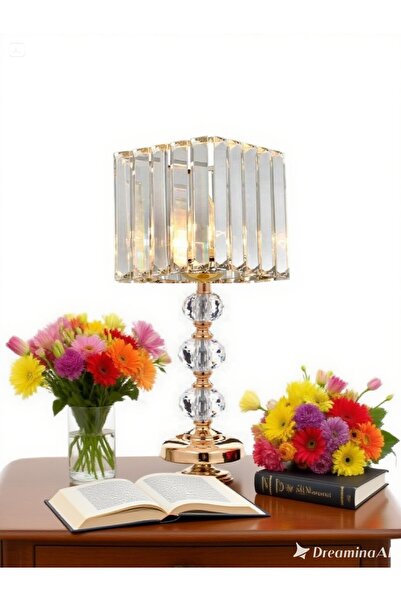571 Store 3-Stone 55 cm Table Lampshade Glass Body Fabric Headboard Metal Leg Night Light Lighting