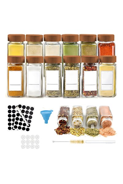 MACVI ® 12-Piece Spice Set: Glass jars with acacia lids, funnel, brush, sieve, labels & marker