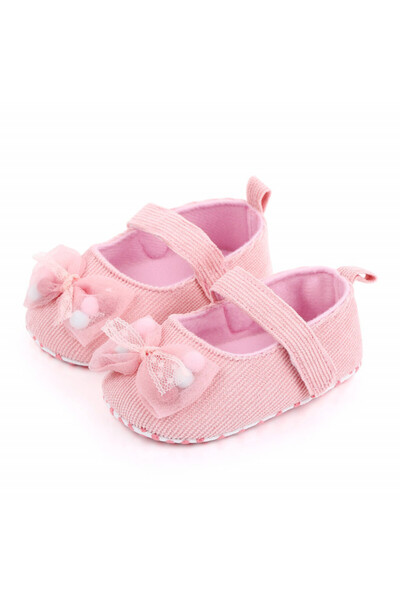 BebeNou Pantofi roz pentru bebeluși cu fundă și mărgele cu pom-pom
