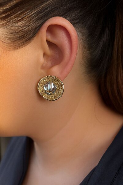 TURBİJ أقراط نسائية دائرية الشكل باللون الذهبي مع تفاصيل فضية