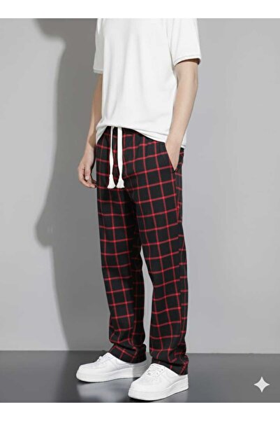 Lawina Giyim Unisex Ekose Siyah Kare Desenli Kırmızı Çizgili Pijama Eşofman