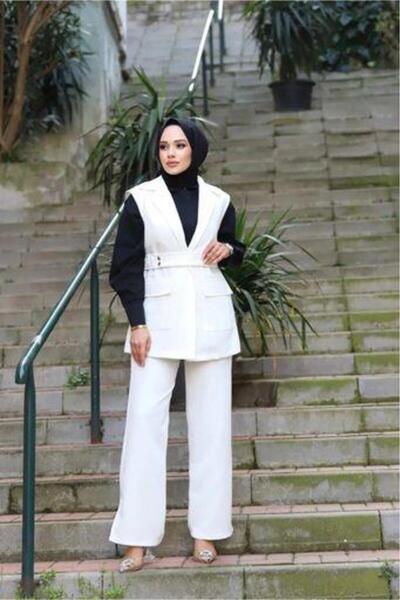 Tesettür Diyarı Διπλό Σετ Τεσεττούρ με Ζωνάτο Γιλέκο - Λευκό