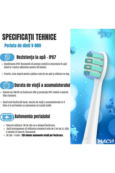 MACVI ® V-809 Electric Toothbrush, IPX7 waterproof, magnetic suspension, 3 modes, White.