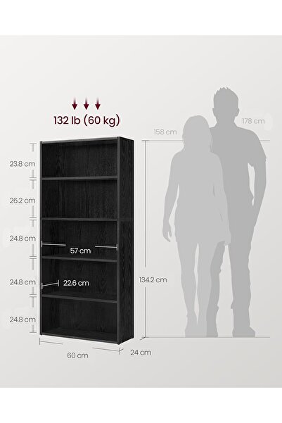 Chulovs 5-Tier Free-standing Bookshelf, 134.2 cm Height, Black