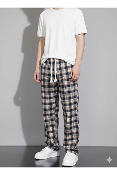 Unisex Ekose Lacivert Bej Kareli Pijama Eşofman