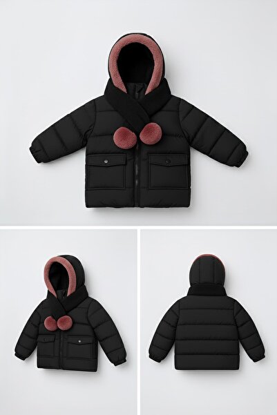 Perendi Παλτό για κορίτσια με γούνα με κουκούλα με κασκόλ – Μαύρο