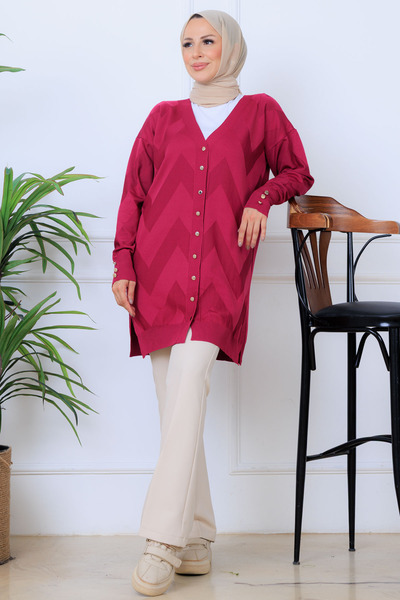 benguen Patterned Long Mercerized Cardigan N3193 Fuchsia