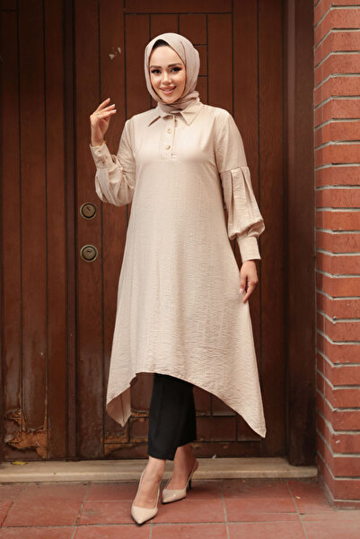 N.S NEVA STYLE Asymmetrical Detailed Beige Hijab Tunic 615Bej