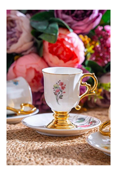 ACAR KAI7517 Pembe Çiçek Desenli Gold Detaylı Beyaz Porselen Kahve Seti 6'lı