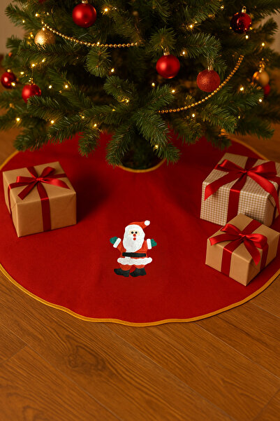 Huzur Party Store 90 cm Red Tree Skirt Christmas Pine Tree Felt Cloth Ornament with Gold Stripes and Santa Claus Figure