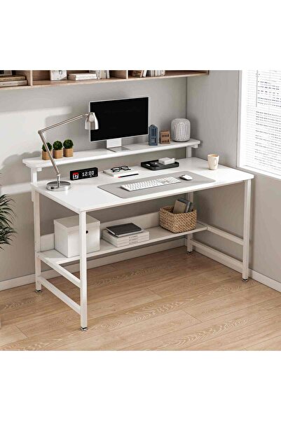 Venpara Study Desk with Monitor Stand & Bookshelf, Office Desk with Under-Desk Storage