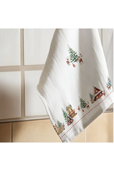 Lenjerii Deosebite Prosop de bucatarie Craciun cu cabane si brazi, bumbac 100%, Cabin
