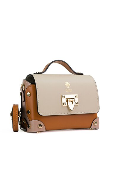 Posete Fagaras Poseta Piele Natalia - Bej - Coniac, 1 Compartiment, Bareta Reglabila 130 cm