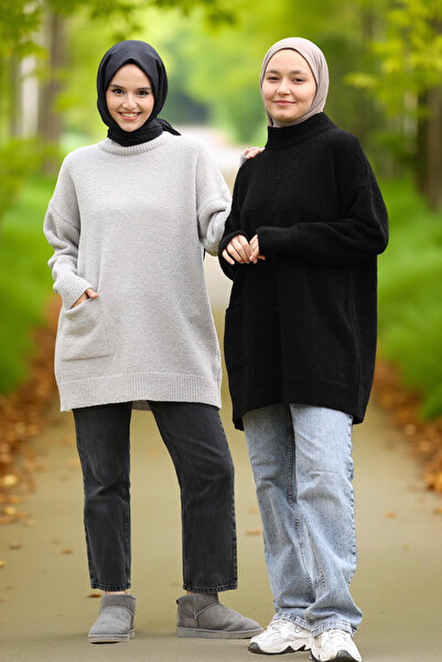 Qlees Fashion Women's Boucle Fabric Pocketed Black Knit Sweater Oversized Daily Comfortable Model